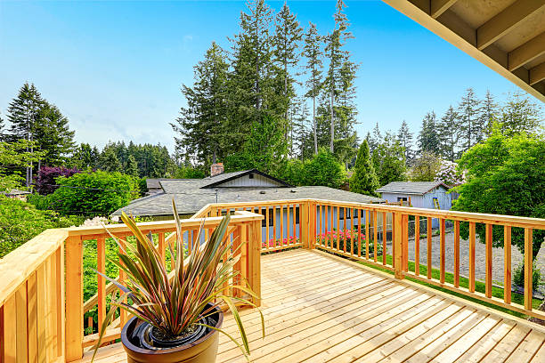 Nice deck with beautiful scenery, and space. Nice deck with beautiful scenery, and space. American northwest home Why Add a Deck? stock pictures, royalty-free photos & images