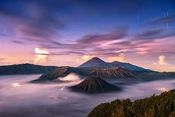 Fallen stars with wonderful sky at sunrise over Mount. Bromo at Bromo tengger semeru national park, East Java, Indonesia