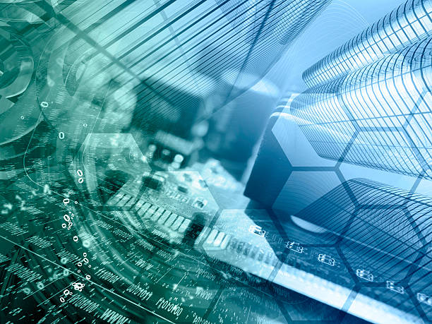 Digits, buildings and map - abstract computer background in greens and blues.