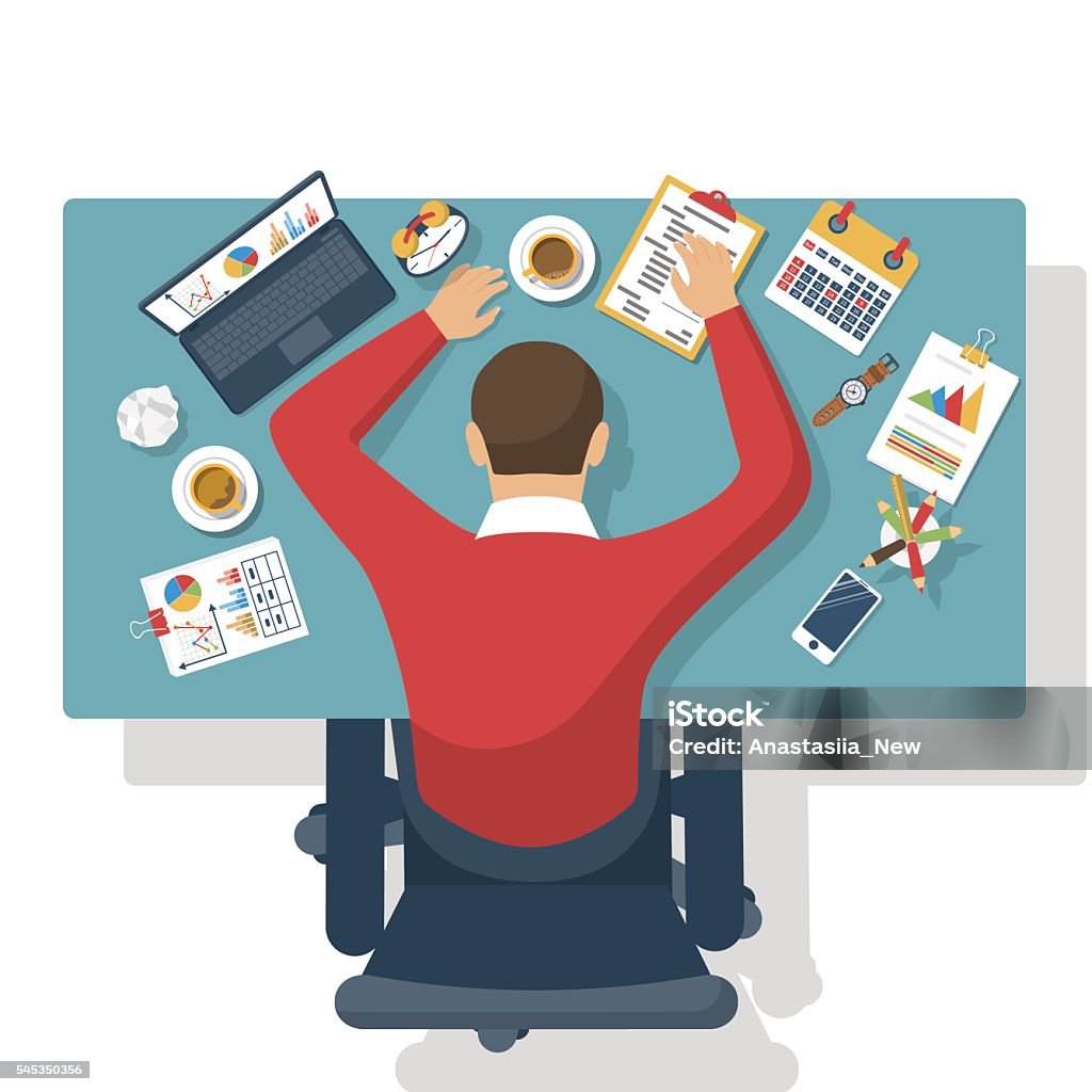 Sleeping at work. Sleeping at work. Tired business man. Top view of the desktop, with office supplies, laptop and sleeping worker. Flat style design vector illustration. Exhausted office worker. Exhaustion stock vector
