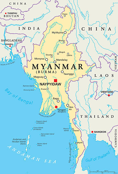 Myanmar Burma Political Map Myanmar political map with capital Naypyidaw, national borders, important cities, rivers and lakes. Also called Burma and old capital Rangoon, Yangon. English labeling. Illustration. brahmaputra river stock illustrations
