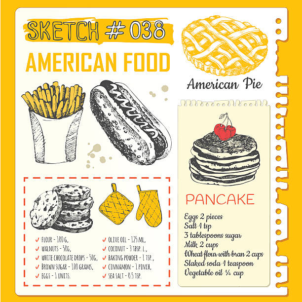 ilustraciones, imágenes clip art, dibujos animados e iconos de stock de cuaderno de bocetos de comida con los estados unidos tradicionales. - pancake illustration and painting food vector