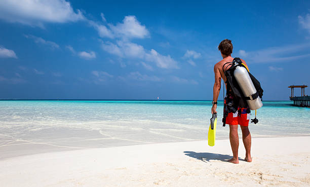 istock Male scuba diver with equipment on the beach 545354998