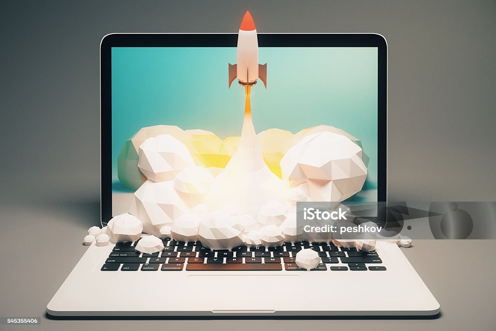 Stratup grey front Startup concept with rocket flying out of laptop screen on grey background. 3D Rendering Marketing Stock Photo