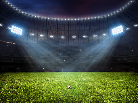 Sport concept background - soccer footbal stadium with floodlights. Grass football pitch with mark up and soccer goal with net