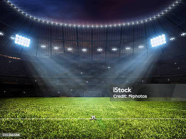 Soccer Football Stadium With Floodlights Stock Photo - Download Image Now - Soccer Field, Soccer, Stadium