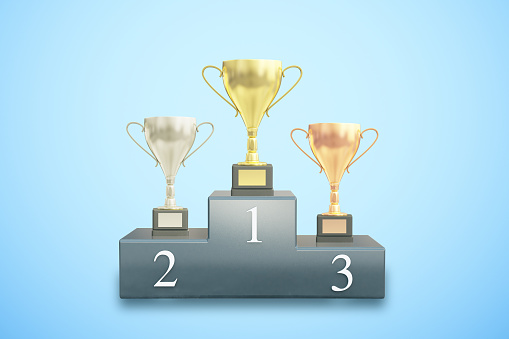 Sports pedestal with golden, silver and bronze winner cups on blue background. 3D Rendering