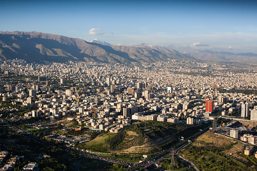 Cityscape of Tehran city from Milad tower on sunset, Tehran, Iran