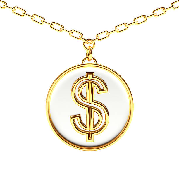 istock Golden medallion with dollar sign on a chain on white 545358552