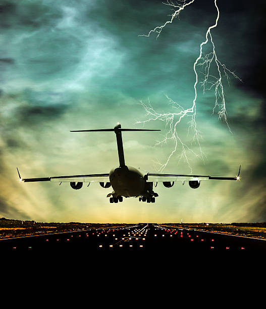Airplane landing at dusk Airplane landing in stormy weather with lightning at dusk wow airlines stock pictures, royalty-free photos & images