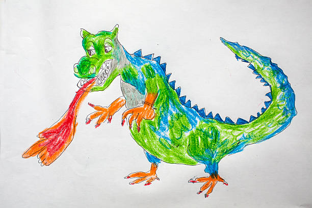 dibujo de niño-dragon - child drawing fotografías e imágenes de stock