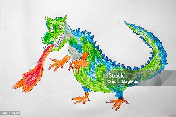 Childs Drawing Dragon Stock Photo - Download Image Now - Child, Child's Drawing, Monster - Fictional Character