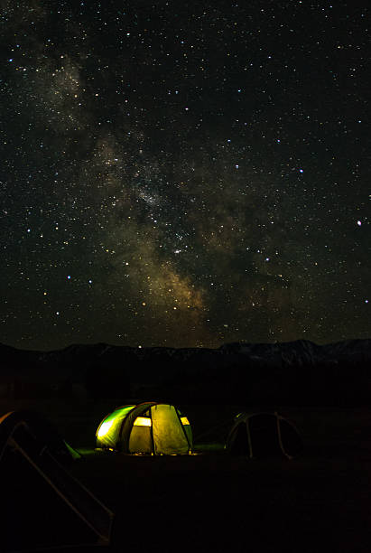 istock Night mountain landscape with tent and snowy mountain peaks and 545363576