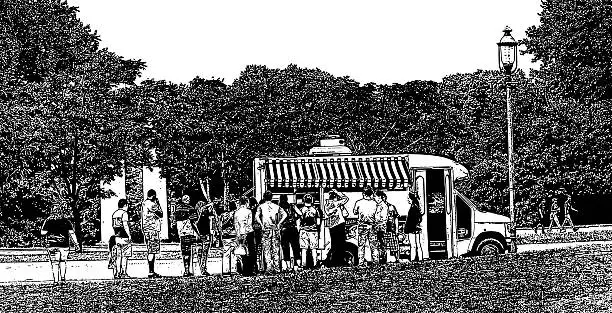 Vector illustration of Food Truck and customers waiting in line