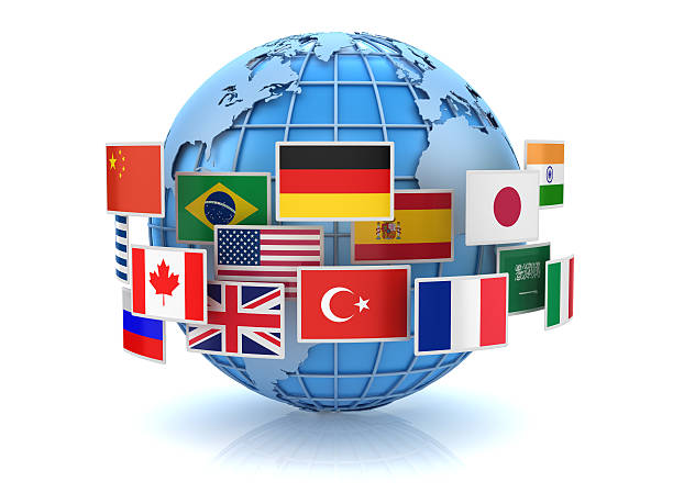 world map and country flags - geometric shape famous place europe three dimensional shape imagens e fotografias de stock