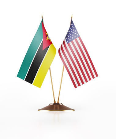 Miniature Flag of United Stated of America and Mozambique. The flags have nicely detailed fabric texture. Isolated on white background. Clipping path is included.