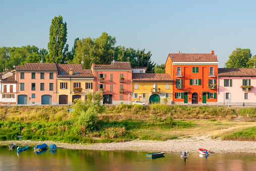 Colored houses along the south bank of river Ticino in Pavia (northern Italy)