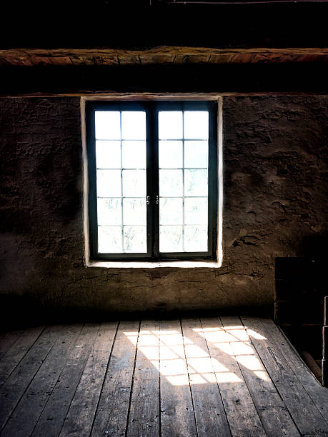 window in a old attic - mullion windows imagens e fotografias de stock