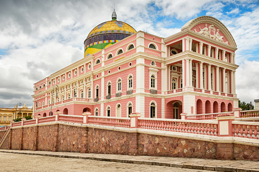 Photo of the landmark, state owned Amazon Theatre (Teatro Amazonas), an opera house located in Manaus, in the heart of the Amazon rainforest in Brazil, in the state of Amazonas.  Finished in 1896.