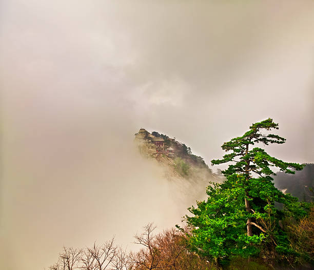 Mount Hua's West peak with steep paths. Pines and fog in Mount Hua, Shaanxi province, China.