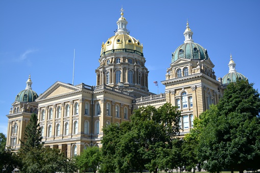 View of the Iowa State Capitol building in Des Moines, Iowa.