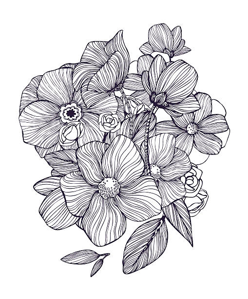 czarno-białe ozdobne fantastyczne kwiaty. - white background relaxation black flower stock illustrations