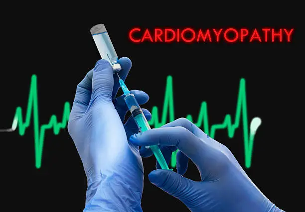 Treatment of cardiomyopathy. Syringe is filled with injection. Syringe and vaccine. Medical concept.