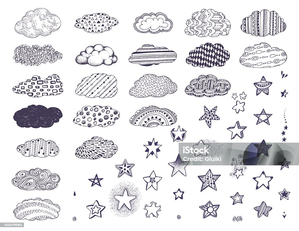 Doodle stars and clouds set. Doodle stars and clouds set, black and white collection with decorative abstract and geometrical elements. Monochrome Hand drawn vector illustration. Cloud - Sky stock vector