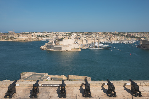 Valetta, Malta - May 24, 2015: Cannons at the Upper Barrakka Gardens in Valetta, Malta