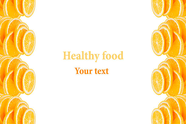Pattern of repeating stacks of sliced oranges on a white background. Pile of slices of juicy orange. Isolated. Decorative Fruit frame, border. Fruit background. Copy space. Concept art.