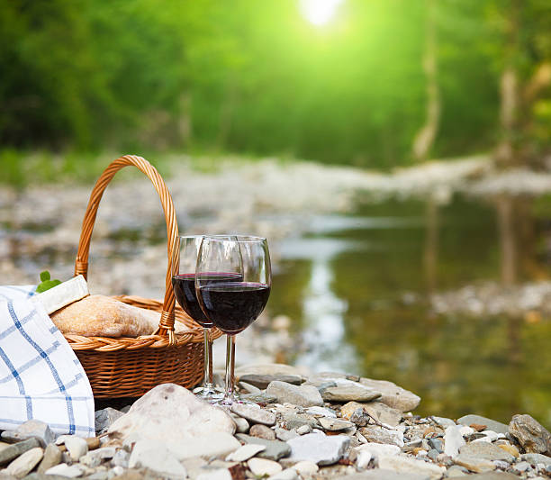 red wine, cheese and bread served at a picnic - tessin imagens e fotografias de stock