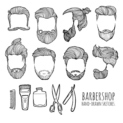 Man hairstyle. Set of hand-drawn sketches. Barbershop.