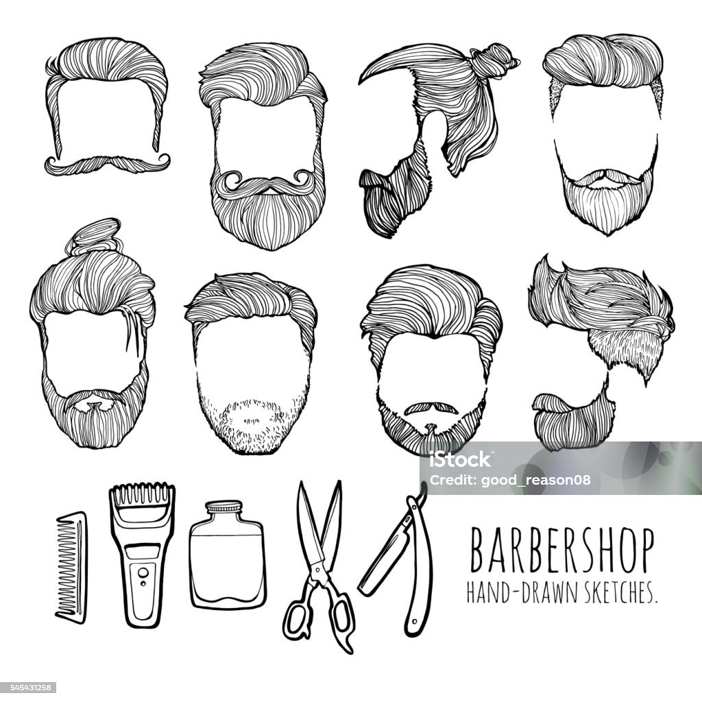 Man Hairstyle Set Of Handdrawn Sketches Barbershop Stock Illustration -  Download Image Now - iStock