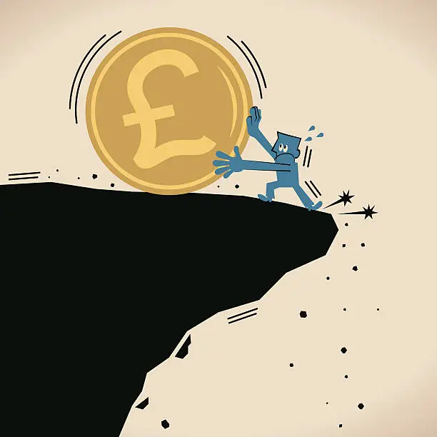 Vector illustration of Businessman stopping big Pound currency coin falling off a cliff
