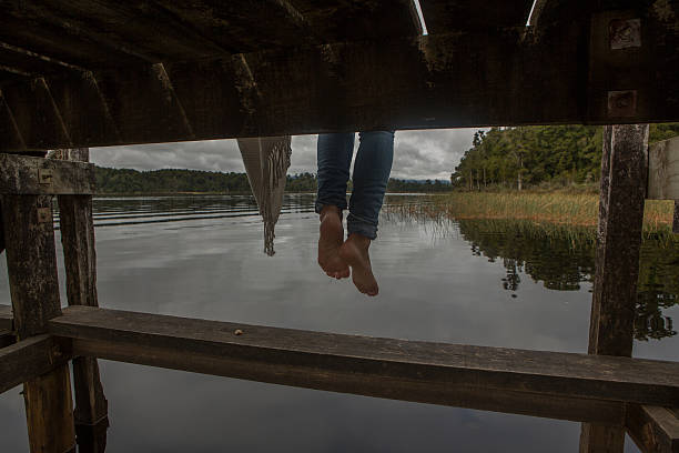 istock Woman's feet dangle from lake pier 545431664