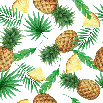 Watercolor seamless pattern with fresh pineapples and tropical leaves. Hand drawn food texture with fruits on white background.