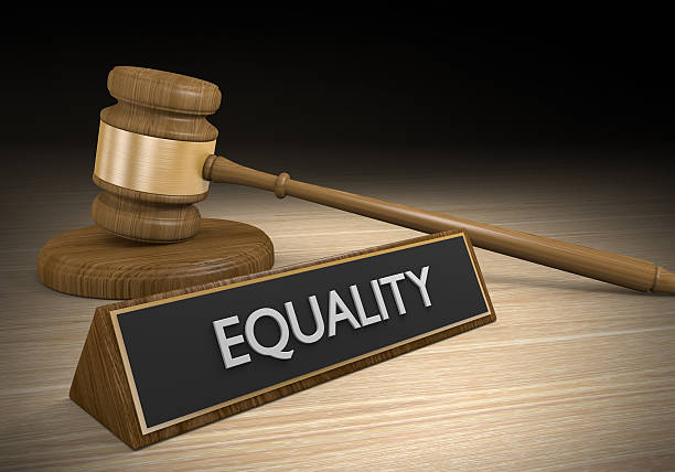 Laws for improving social and racial equality, 3D rendering 3D render of a wooden court gavel next to a sign that says equality. human rights act stock pictures, royalty-free photos & images