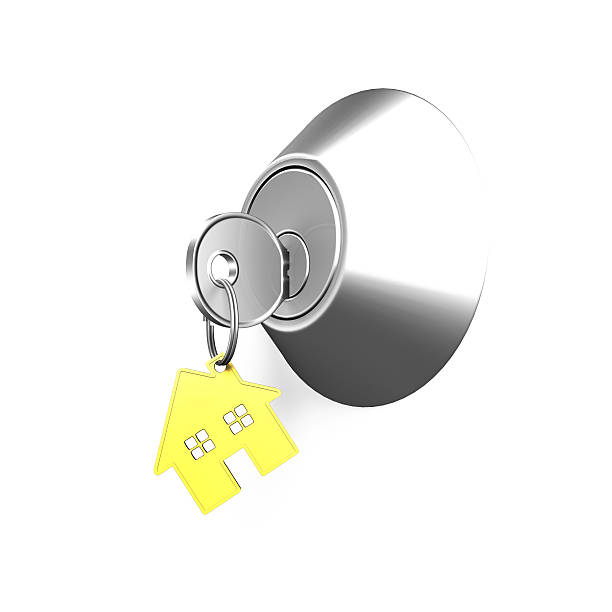 istock Door lock and key with house shape key ring 545432496