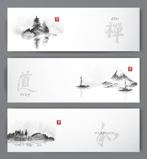 istock Three banners with Fujiyama and islands in fog 545433920