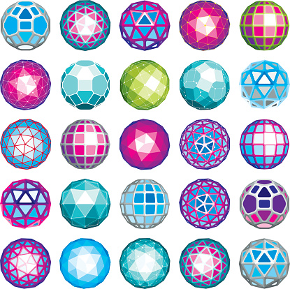 Set of abstract 3d faceted figures with connected lines. Vector low poly design elements collection, scientific concept. Cybernetic orb shapes with grid and lines mesh, network structure.