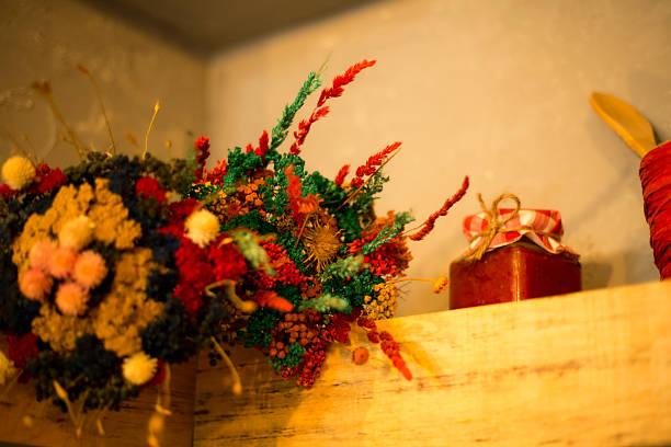 Beautiful dried flowers on the shelf