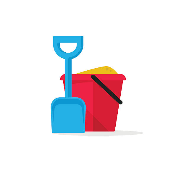 Bucket and spade with sand vector illustration flat icon isolated Bucket and spade with sand vector illustration flat icon isolated, kid toys tools symbol, pail shovel label, bucket and spade modern design banner, sandbox place sign ribbon design concept sand pail and shovel stock illustrations