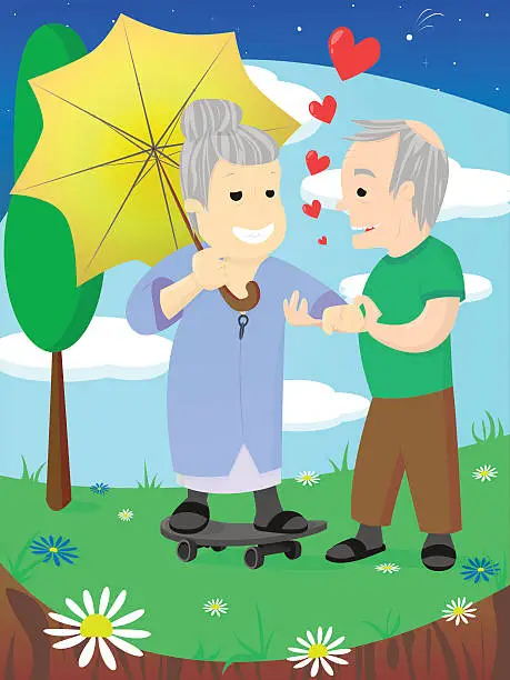 Vector illustration of Old family, elderly couple in love, celebrate wedding date