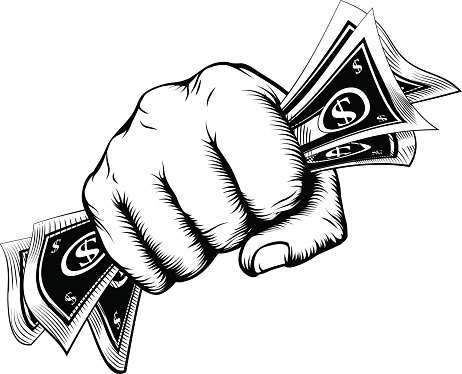 A fist holding cash money dollar bills in a vintage woodcut style