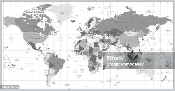 Grayscale World Map Detailed Vector Illustration Stock Illustration - Download Image Now - Intricacy, World Map, Africa