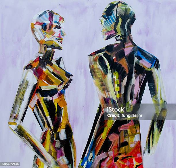 Painting Of Mannequinrobotic Style Models Interacting Stock Photo - Download Image Now