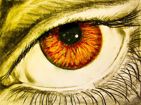 Drawing of eye with orange pupil and eyelashes detail
