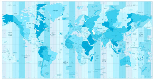 ilustraciones, imágenes clip art, dibujos animados e iconos de stock de mapa del mundo con zonas horarias estándar en colores azules - mapa de husos horarios