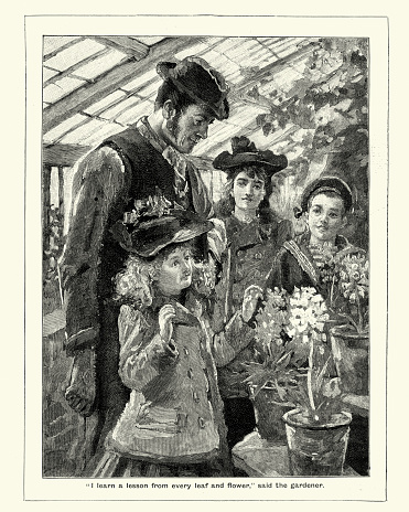 Vintage engraving of a Victorian gardener teaching children about flowers and plants, 1894