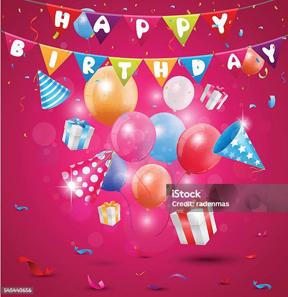 Happy Birthday Celebration With Confetti And Ribbon Stock Illustration -  Download Image Now - iStock